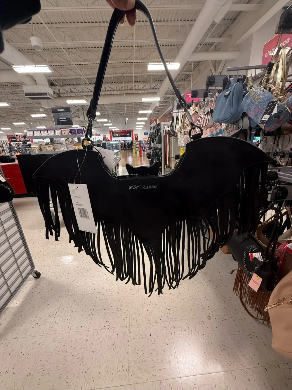 Betsey Johnson XOBLAIRE Black Bat Suede Fringe Shoulder Bag NWT